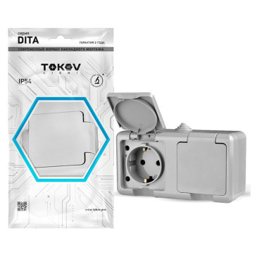 Розетка TOKOV ELECTRIC Dita 2-местная для открытой установки 16А, IP54 250В с заземлением, с крышкой, цвет - серый