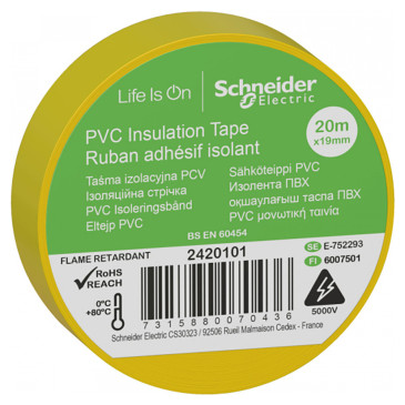 Изолента самозатухающая Schneider Electric OptiLine 45 ширина - 19 мм, длина - 20 м, толщина - 0.13 мм, материал - поливинилхлорид, цвет - желтый