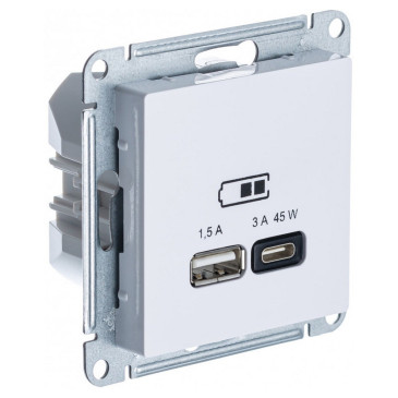 Розетка Systeme Electric AtlasDesign USB 2-местная, разъем типа A+C скрытой установки высокоскоростная, механизм, цвет - белый