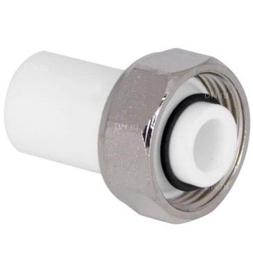 Штуцер TEBO Дн20х3/4″ Ру20 комбинированный, евроконус с накидной гайкой, корпус - полипропилен PP-R, белый