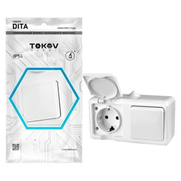 Блок TOKOV ELECTRIC Dita одноклавишный выключатель 10А + розетка 16А с заземлением открытой установки, номинальный ток - 16 А, 250 В, степень защиты IP54, цвет - белый