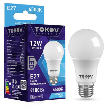 Лампа светодиодная TOKOV ELECTRIC А60 матовая, мощность - 12 Вт, цоколь - E27, световой поток - 1000 лм, цветовая температура - 6500 K, форма - грушевидная