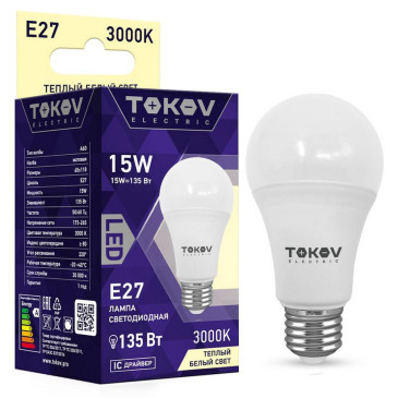Лампа светодиодная TOKOV ELECTRIC А60 матовая, мощность - 15 Вт, цоколь - E27, световой поток - 1350 лм, цветовая температура - 3000 K, форма - грушевидная