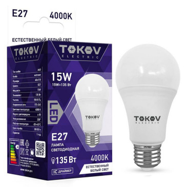 Лампа светодиодная TOKOV ELECTRIC А60 матовая, мощность - 15 Вт, цоколь - E27, световой поток - 1350 лм, цветовая температура - 4000 K, форма - грушевидная