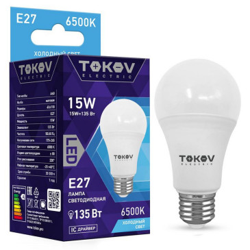 Лампа светодиодная TOKOV ELECTRIC А60 матовая, мощность - 15 Вт, цоколь - E27, световой поток - 1350 лм, цветовая температура - 6500 K, форма - грушевидная