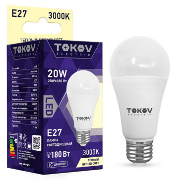 Лампа светодиодная TOKOV ELECTRIC А60 матовая, мощность - 20 Вт, цоколь - E27, световой поток - 1800 лм, цветовая температура - 3000 K, форма - грушевидная