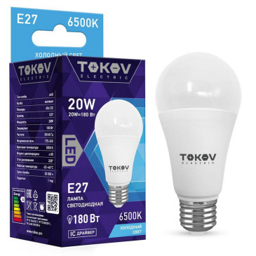 Лампа светодиодная TOKOV ELECTRIC А60 матовая, мощность - 20 Вт, цоколь - E27, световой поток - 1800 лм, цветовая температура - 6500 K, форма - грушевидная