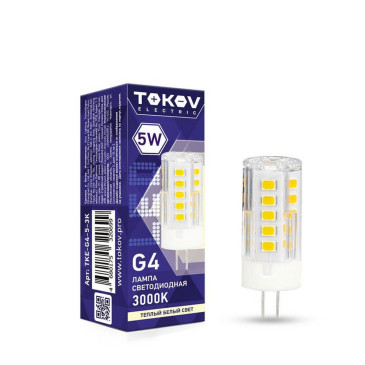 Лампа светодиодная TOKOV ELECTRIC Capsule G4 прозрачная, мощность - 5 Вт, цоколь - G4, световой поток - 400 лм, цветовая температура - 3000 K, форма - капсульная