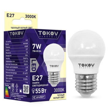 Лампа светодиодная TOKOV ELECTRIC G45 матовая, мощность - 7 Вт, цоколь - E27, световой поток - 540 лм, цветовая температура - 3000 K, форма - шар