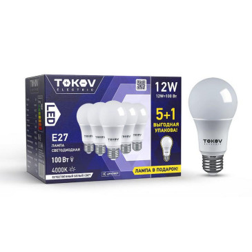 Лампа светодиодная TOKOV ELECTRIC ПРОМО А60 матовая, мощность - 12 Вт, цоколь - E27, световой поток - 1000 лм, цветовая температура - 4000 K, форма - грушевидная