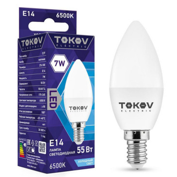 Лампа светодиодная TOKOV ELECTRIC С37 матовая, мощность - 7 Вт, цоколь - E14, световой поток - 550 лм, цветовая температура - 6500 K, форма - свеча