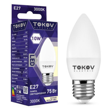 Лампа светодиодная TOKOV ELECTRIC С37 матовая, мощность - 10 Вт, цоколь - E27, световой поток - 700 лм, цветовая температура - 3000 K, форма - свеча