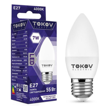 Лампа светодиодная TOKOV ELECTRIC С37 матовая, мощность - 7 Вт, цоколь - E27, световой поток - 500 лм, цветовая температура - 4000 K, форма - свеча