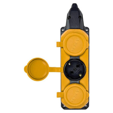 Колодка электрическая TOKOV ELECTRIC с 3 гнездами и крышкой, сила тока - 16 А, с заземлением, IP44, корпус - каучук, цвет - желтый