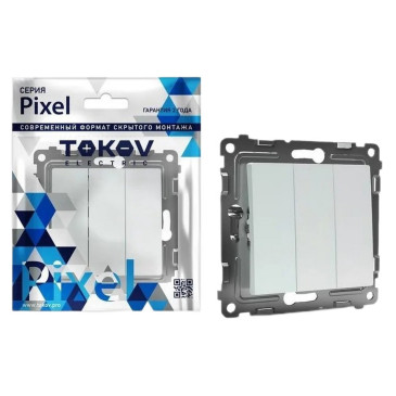 Выключатель трехклавишный TOKOV ELECTRIC Pixel скрытой установки, номинальный ток - 10 А, степень защиты IP20, механизм, цвет - перламутр