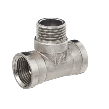 Тройник БАЗ Т никель 1/2″ Ду15x15x15 Ру40, корпус - латунь, внутренняя/наружная/внутренняя резьба, никелированный