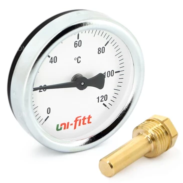 Термометр погружной осевой UNI-FITT 321D4242 биметаллический 120°C, корпус 80мм, гильза 50мм, G1/2″, класс точности 2.5 Термометр погружной осевой UNI-FITT 321D4242 биметаллический 120°C, корпус 80мм, гильза 50мм, G1/2″, класс точности 2.5