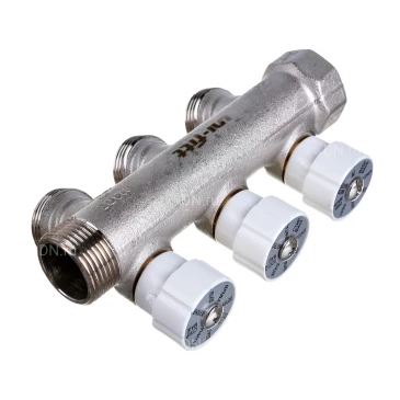 Коллектор Uni-Fitt 402N 3/4″x3x3/4″ Ду20 Ру10 с регулирующими клапанами, под евроконус, материал- латунь, покрытие - никель