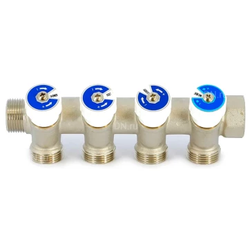 Коллектор Uni-Fitt 406N 1″x4x3/4″ Ду25 Ру10 с регулирующими клапанами, под евроконус, материал- латунь, покрытие - никель Коллектор Uni-Fitt 406N 1″x4x3/4″ Ду25 Ру10 с регулирующими клапанами, под евроконус, материал- латунь, покрытие - никель