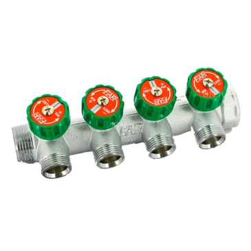 Коллектор Uni-Fitt 414C 3/4″x4x1/2″ Ду20 Ру16 с вентилями и выходами под 90 градусов, наружная/внутрення резьба, материал- латунь, покрытие - хром Коллектор Uni-Fitt 414C 3/4″x4x1/2″ Ду20 Ру16 с вентилями и выходами под 90 градусов, наружная/внутрення резьба, материал- латунь, покрытие - хром
