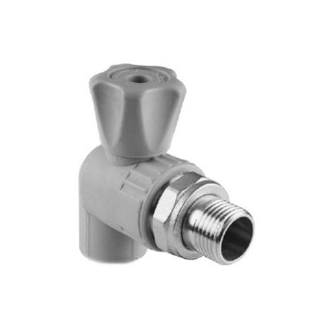 Клапан запорный VALFEX 1/2″ Дн20 Ру25 угловой, корпус - полипропилен PP-R, присоединение - внутренняя сварка/наружная резьба, для радиатора, серый