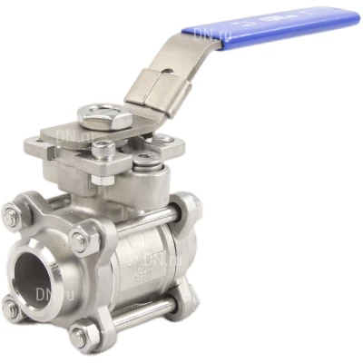 Краны шаровые DN.ru BV3232P(3pc)-FP-W-ISO-H Ду10-15 Ру63 ZGY, полнопроходные, трехсоставные, нержавеющая сталь CF8M/AISI 316, под приварку, уплотнение - PTFE, с ISO-фланцем и рукояткой
