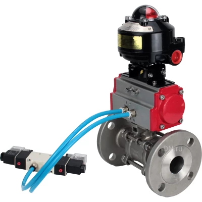 Кран шаровой DN.ru BV3131P(3pc)-FP-F-ISO-H Ду100 Ру16 полнопроходной, фланцевый, корпус - нержавеющая сталь 304, PTFE, 22х22, WDVF, с пневмоприводом PA-DA-105, пневмораспределителем 4V320-10 NAMUR AC220V и БКВ APL-510N EX