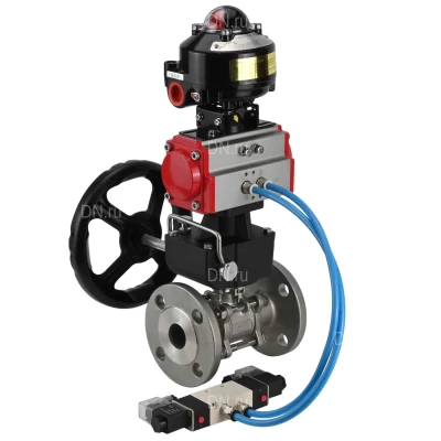 Краны шаровые DN.ru BV3131P(3pc)-FP-F-ISO-H Ду15-100 Ру16-40 полнопроходные, фланцевые, корпус - нержавеющая сталь 304, PTFE, с пневмоприводом PA-DA, пневмораспределителем 4V320-10 NAMUR AC220V, БКВ APL-510N EX и ручным дублером MON