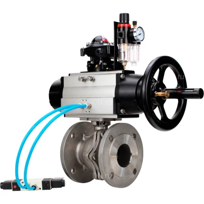 Краны шаровые DN.ru BV3232P(2pc)-FP-F-ISO-H полнопроходные фланцевые, корпус - нержавеющая сталь SS316, уплотнение - PTFE, с пневмоприводом PA-DA-105-1, пневмораспределителем 4V320-10 NAMUR AC220V, БКВ APL-210N и БПВ AFC2000