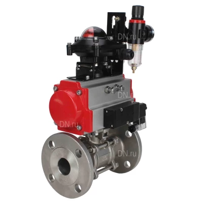 Краны шаровые DN.ru BV3131P(3pc)-FP-F-ISO-H Ду15-100 Ру16-40 полнопроходные, фланцевые, корпус - нержавеющая сталь 304, PTFE, с пневмоприводом PA-SA, пневмораспределителем 4V320-10 NAMUR AC220V, БКВ APL-410N EX и БПВ AFC2000