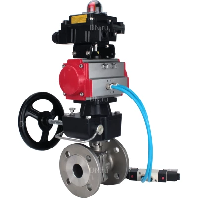 Кран шаровой DN.ru BV3232P(2pc)-FP-F-ISO-H Ду40 Ру16 полнопроходной фланцевый, корпус - нержавеющая сталь 316, уплотнение - PTFE, с пневмоприводом PA-DA-083, пневмораспределителем 4V320-08 220В, БКВ APL-410N EX и ручным дублером MON2-450-T28-ISO