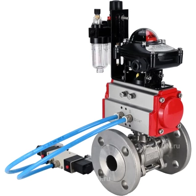 Краны шаровые DN.ru BV3131P(3pc)-FP-F-ISO-H Ду15-100 Ру16-40 полнопроходные, фланцевые, корпус - нержавеющая сталь 304, PTFE, с пневмоприводом PA-SA, пневмораспределителем 4V320-10 NAMUR AC220V, БКВ APL-210N и БПВ AFC2000