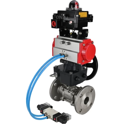 Кран шаровой DN.ru BV3131P(3pc)-FP-F-ISO-H Ду100 Ру16 полнопроходной, фланцевый, корпус - нержавеющая сталь 304, PTFE, 22х22, WDVF, с пневмоприводом PA-DA-105, пневмораспределителем 4V320-10 NAMUR AC220V, БКВ APL-410N EX и ручным дублером MON3-700-T38-ISO