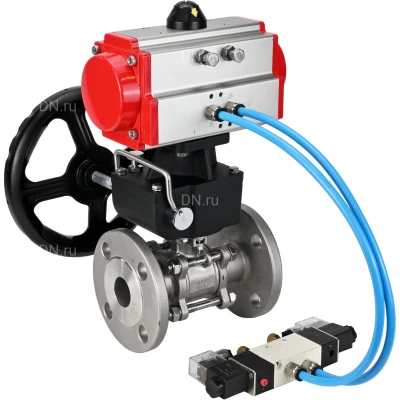 Краны шаровые DN.ru BV3131P(3pc)-FP-F-ISO-H Ду15-100 Ру16-40 полнопроходные, фланцевые, корпус - нержавеющая сталь 304, PTFE, с пневмоприводом PA-DA, пневмораспределителем 4V320-10 NAMUR AC220V и ручным дублером MON