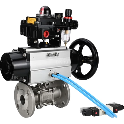 Краны шаровые DN.ru BV3131P(3pc)-FP-F-ISO-H Ду65-100 Ру16-25 полнопроходные, фланцевые, корпус - нержавеющая сталь 304, PTFE, с пневмоприводом PA-DA-105-1, пневмораспределителем 4V320-10 NAMUR AC220V, БКВ APL-410N EX и БПВ AFC2000