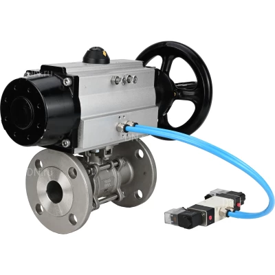 Краны шаровые DN.ru BV3131P(3pc)-FP-F-ISO-H Ду65-100 Ру16-25 полнопроходные, фланцевые, корпус - нержавеющая сталь 304, PTFE, с пневмоприводом PA-DA-105-1 и пневмораспределителем 4V320-10 NAMUR AC220V