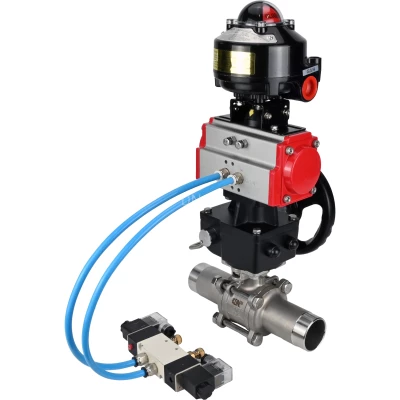 Краны шаровые DN.ru BV3131P(3pc)-FP-W-ISO-H LONG полнопроходные, корпус - нерж.сталь 304, уплотнение - PTFE, под приварку, с пневмоприводом PA-DA, пневмораспределителем 4V320-08 NAMUR AC220V, БКВ APL-510N EX и ручным дублером MON-ISO