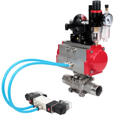 Краны шаровые DN.ru BV3131P(3pc)-FP-W-ISO-H LONG полнопроходные, корпус - нерж.сталь 304, уплотнение - PTFE, под приварку, с пневмоприводом PA-SA, пневмораспределителем 4V320-10 NAMUR AC220V, БКВ APL-210N и БПВ AFC2000