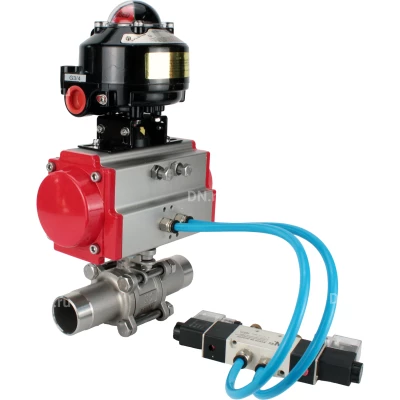 Краны шаровые DN.ru BV3131P(3pc)-FP-W-ISO-H LONG полнопроходные, корпус - нерж.сталь 304, уплотнение - PTFE, под приварку, с пневмоприводом PA-DA, пневмораспределителем 4V320-08 NAMUR AC220V и БКВ APL-510N EX
