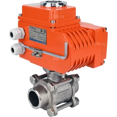 Кран шаровой DN.ru BV3232P(3pc)-FP-W-ISO-H WDVF Ду32 Ру63 полнопроходной, трехсоставной, корпус - нержавеющая сталь 316, уплотнение - PTFE, под приварку, с электроприводом DN.ru QT-N-005EM-O1-380VAC-У1 HARK