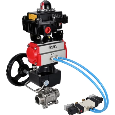 Кран шаровой DN.ru BV3232P(3pc)-FP-W-ISO-H Ду40 Ру40 полнопроходной под приварку, корпус - нержавеющая сталь 316, уплотнение - PTFE, с пневмоприводом PA-DA-083, пневмораспределителем 4V320-08 220В, БКВ APL-410N EX и ручным дублером MON2-450-T28-ISO