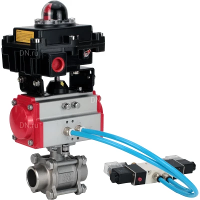Кран шаровой DN.ru BV3232P(3pc)-FP-W-ISO-H Ду100 Ру25 полнопроходной под приварку, корпус - нержавеющая сталь 316, уплотнение - PTFE, с пневмоприводом PA-DA-105, пневмораспределителем 4V320-08 220В и БКВ APL-410N EX