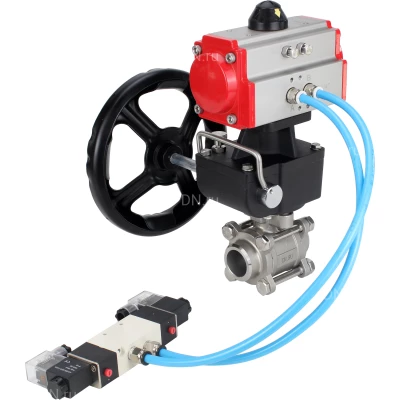 Кран шаровой DN.ru BV3232P(3pc)-FP-W-ISO-H Ду50 Ру40 полнопроходной под приварку, корпус - нержав.сталь 316, уплотнение - PTFE, с пн.приводом PA-DA-083, пн.распределителем 4V320-08 220В и ручным дублером MON2-450-T28-ISO