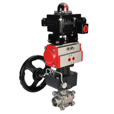 Кран шаровой DN.ru BV3232P(3pc)-FP-W-ISO-H Ду50 Ру40 полнопроходной под приварку, корпус - нержавеющая сталь 316, уплотнение - PTFE, с пневмоприводом PA-DA-083, БКВ APL-410N EX и ручным дублером MON2-450-T28-ISO