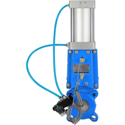 Задвижка шиберная DN.ru GVKR1331M-1W-Fb-2P Ду65 Ру10 WENZ межфланцевая, шпиндель - выдвижной, корпус - чугун GGG40, уплотнение - металл, с пневмоприводом, пневмораспределителем 4V210-08 220В KUOIN и индукц.датчиками LJ12A3-4-J/EZ 220В