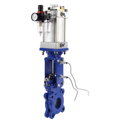 Задвижки шиберные DN.ru GVKR1331E-2W-Fb-2P Ду50-300 Ру6-10 межфланцевые, шпиндель - выдвижной, корпус - чугун, шибер — нерж.сталь 304, EPDM, с пневмоприводом, пн.распределителем 4V210-08 24В KUOIN, индукц.датчиками LJ12A3-4-Z/EX 24В и БПВ AFC2000