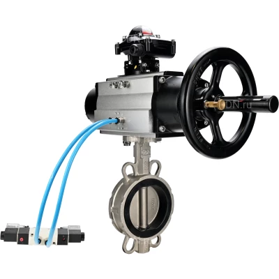 Затворы дисковые поворотные DN.ru WBV3232E-2W-Fb-H Ду150 Ру16, корпус - нержавеющая сталь 316L, диск - нержавеющая сталь 316L, уплотнение - EPDM, с пневмоприводом PA-DA-105-1, пневмораспределителем 4V320-10 NAMUR AC220V, БКВ APL-210N