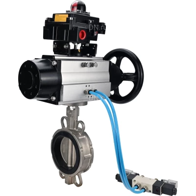 Затворы дисковые поворотные DN.ru WBV3232V-2W-Fb-H Ду150 Ру16, корпус - нержавеющая сталь 316L, диск - нержавеющая сталь 316L, уплотнение - Viton, с пневмоприводом PA-DA-105-1, пневмораспределителем 4V320-08 NAMUR AC220V, БКВ APL-410N EX