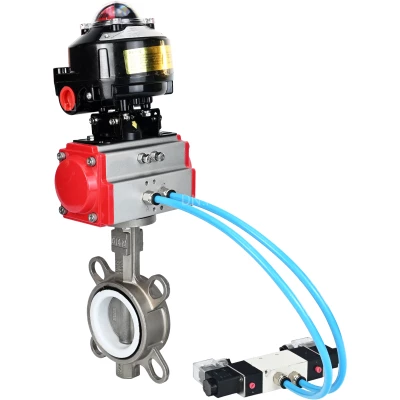 Затворы дисковые поворотные DN.ru WBV3232P-2W-Fb-H Ду40-250 Ру16, корпус - нержавеющая сталь 316L, диск - нержавеющая сталь 316L, уплотнение - PTFE, с пневмоприводом PA-SA, пневмораспределителем 4V320-10 NAMUR AC220V, БКВ APL-510N EX