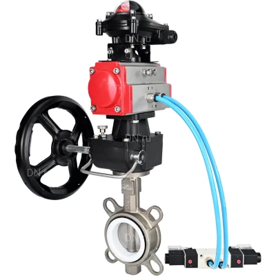 Затворы дисковые поворотные DN.ru WBV3232P-2W-Fb-H Ду40-300 Ру16, корпус - нерж.сталь 316L, диск - нерж.сталь 316L, уплотнение - PTFE, с пневмоприводом PA-DA, пневмораспределителем 4V320-10 NAMUR AC220V, БКВ APL-210N, ручным дублером MON